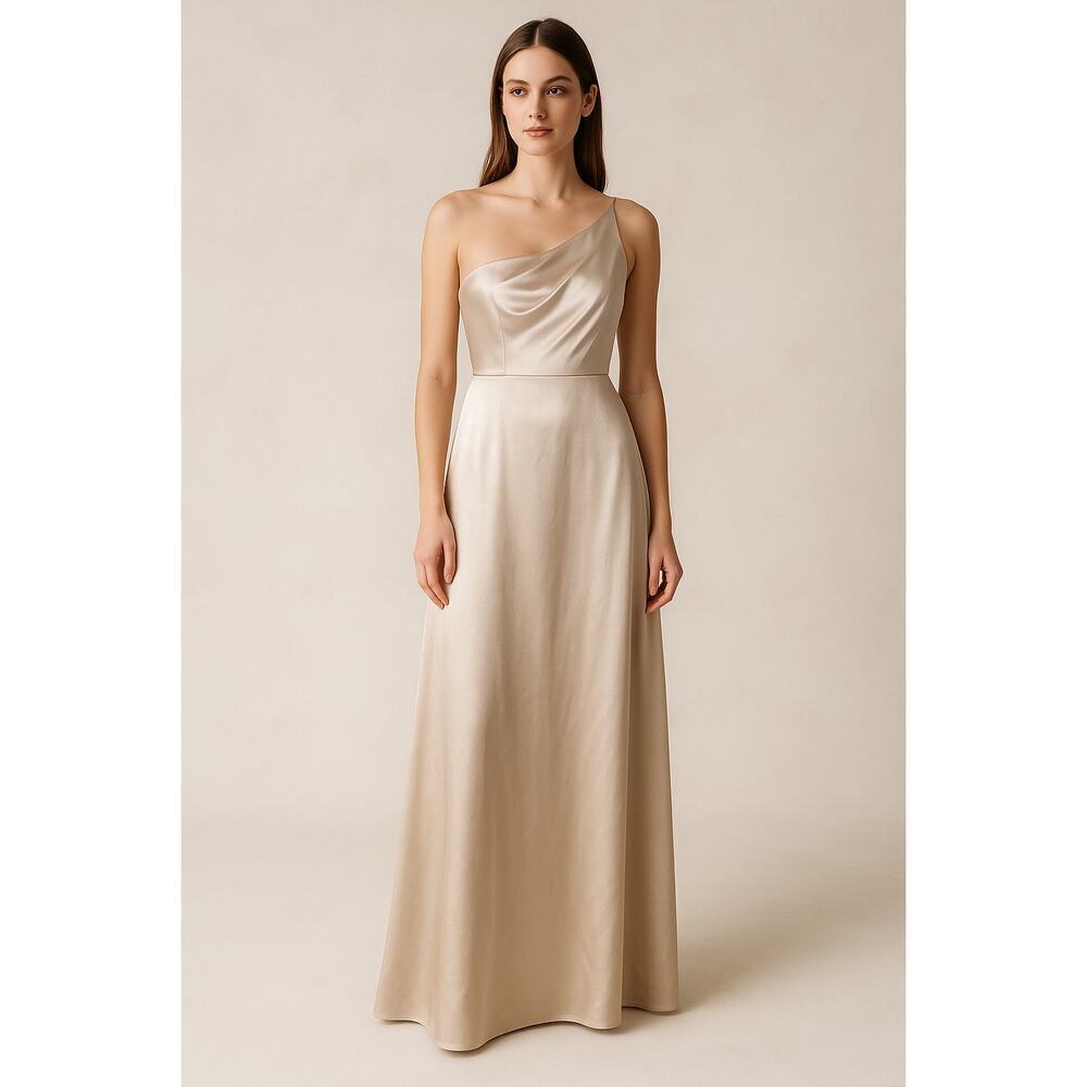 New with tags Birdy Grey Kira One Shoulder Satin Bridesmaid Dress Champagne S